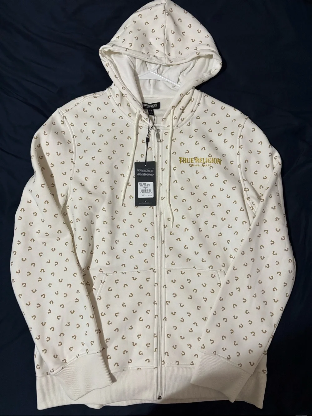 True Religion Cream Zip Front Hoodie with Gold Logo